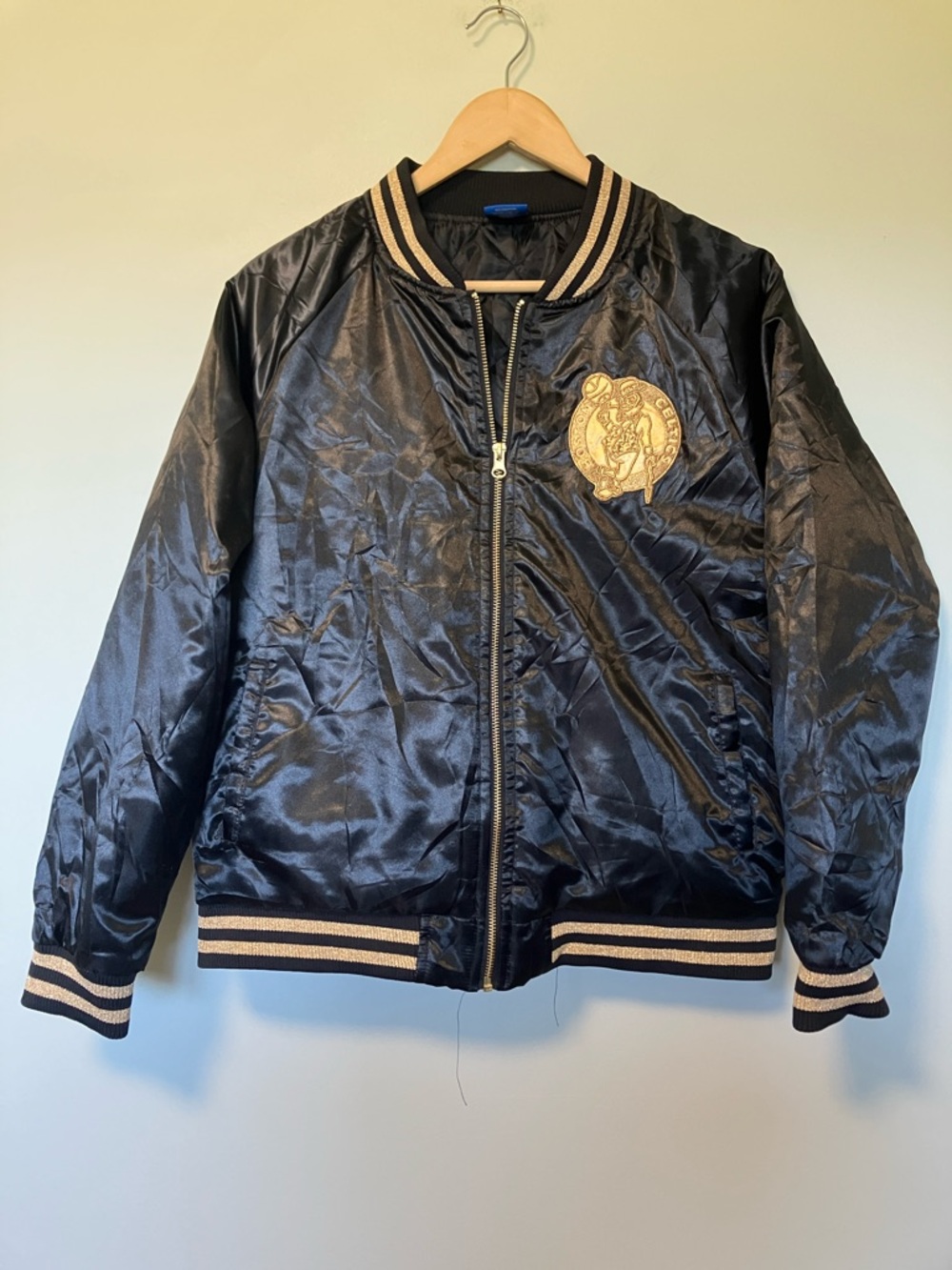 NWT Celtics Black Satin Bomber Jacket with Gold Patch